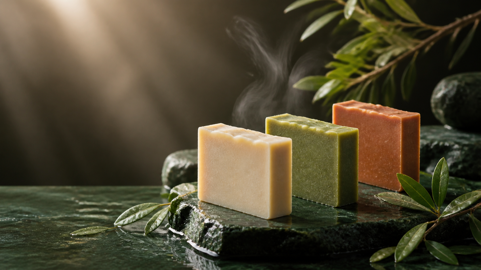 Three handmade botanical soaps on stone